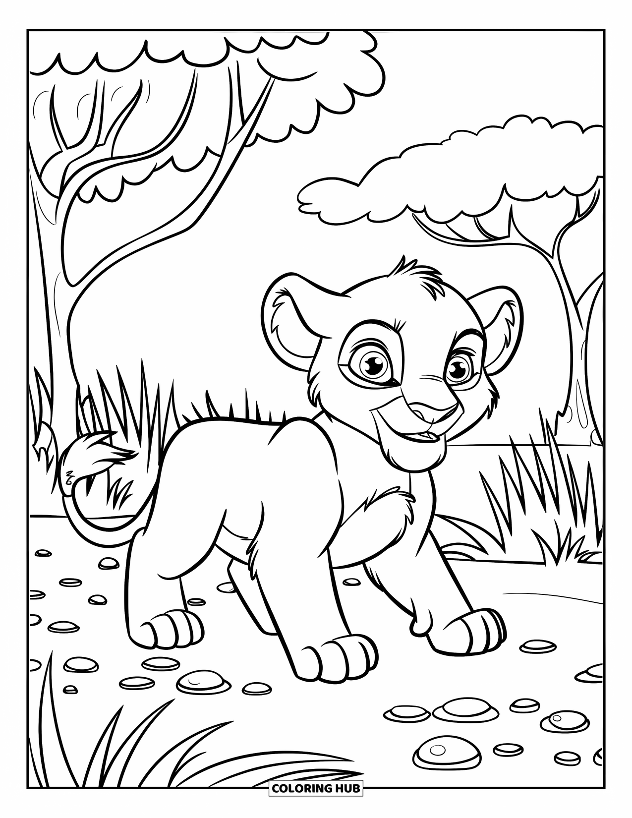 Lion Cub Coloring Page for Kids: A wide-eyed lion cub walks through grassy land with scattered trees
