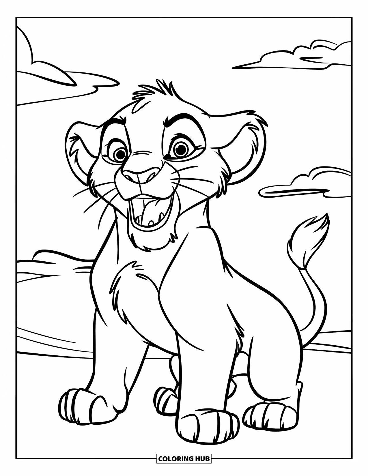 Lion Cub Coloring Page for Kids: A yawning lion cub sits quietly under a soft, cloudy sky