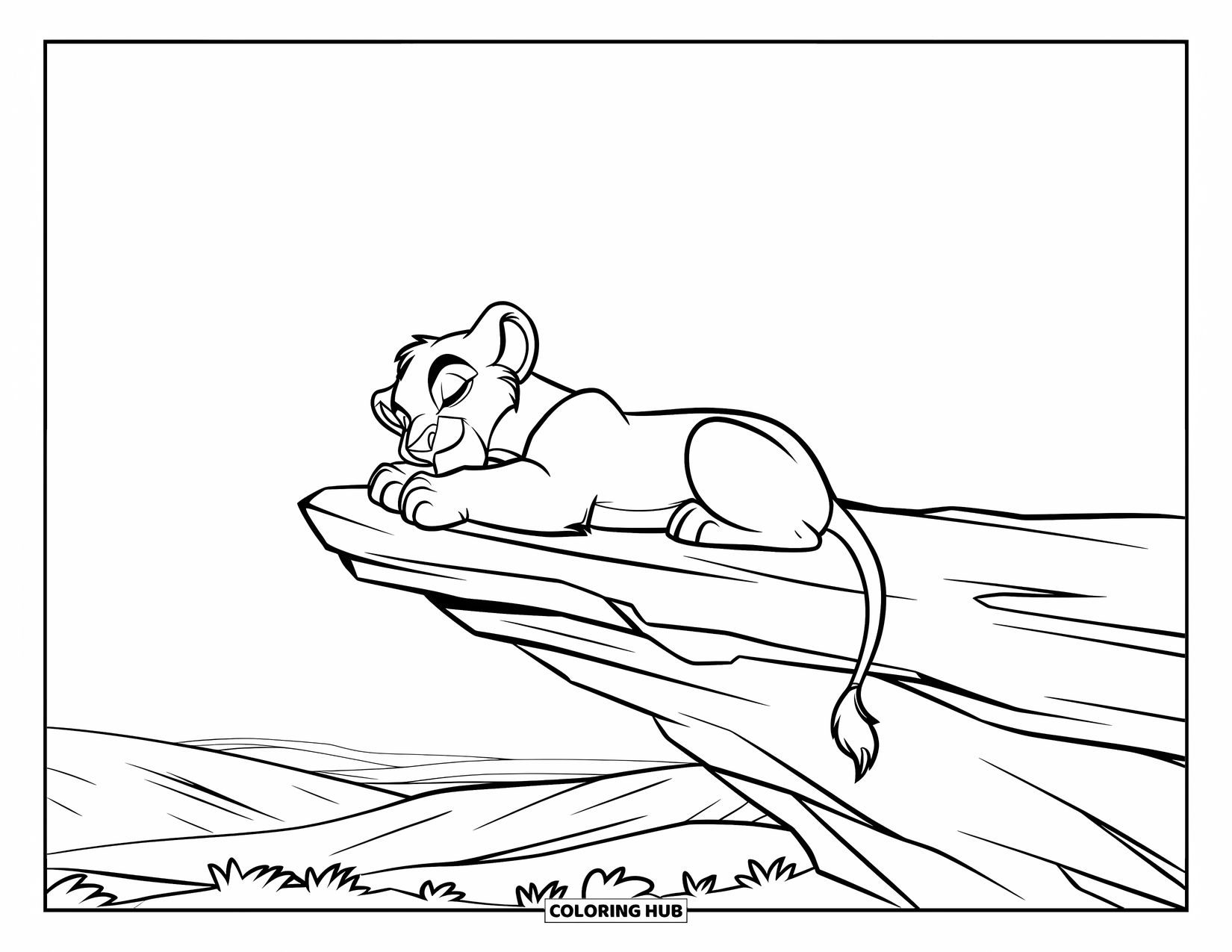Lion Cub Coloring Page for Kids: A young lion snoozes on a rock, surrounded by trees and distant hills