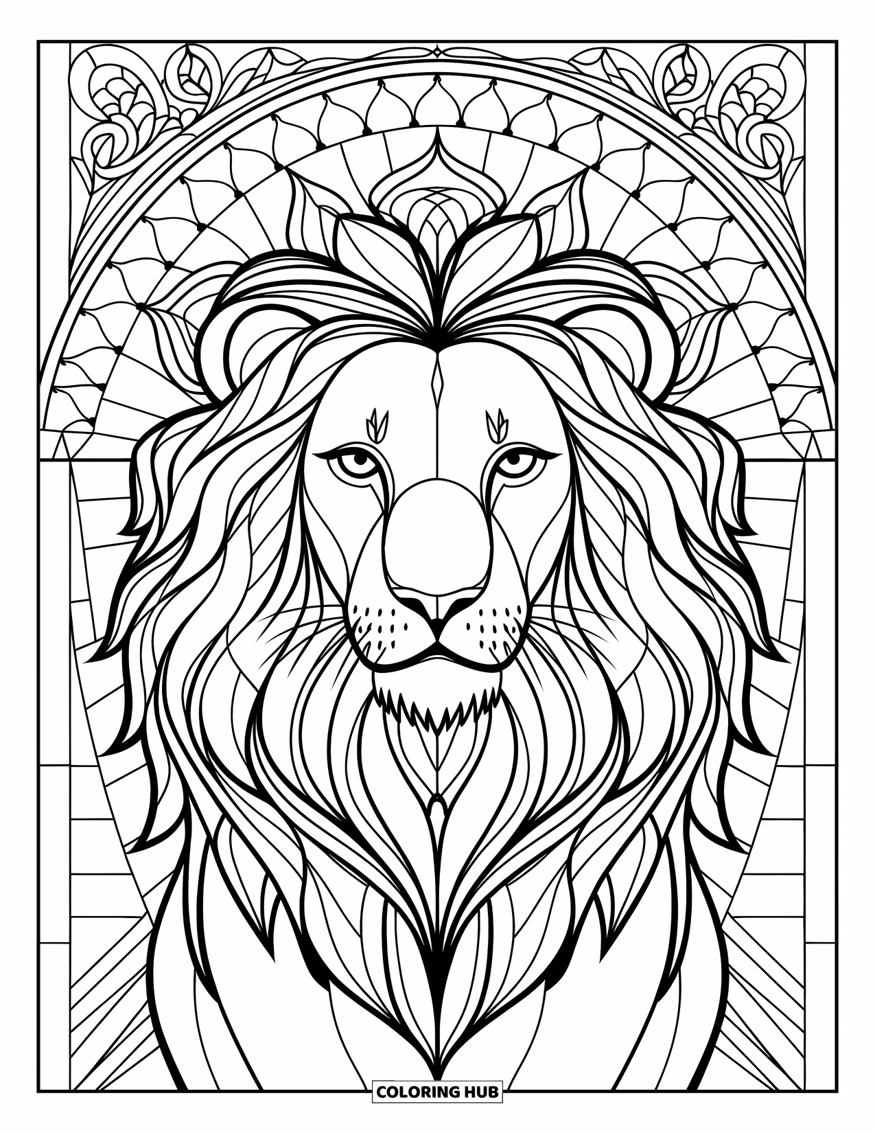 Lion Face Coloring Page for Adults: Calm lion face blending into ornamental stained glass