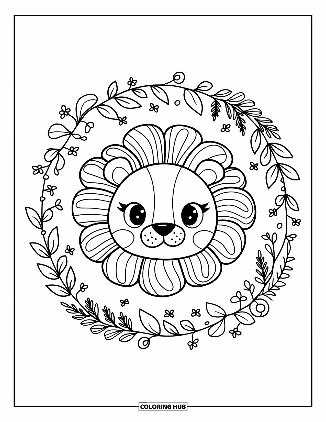 Lion Face Coloring Page for Adults: Cute lion with wavy mane and wreath of leaves and flowers