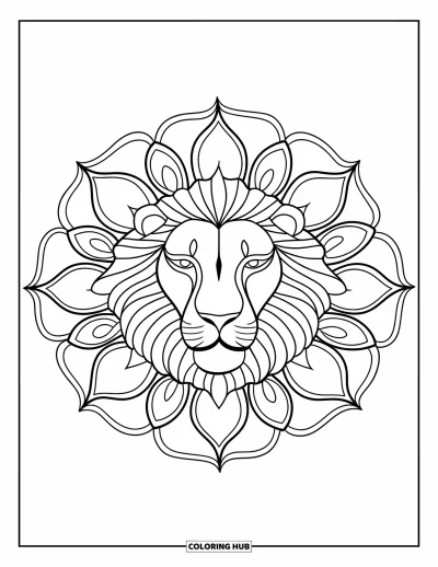 Kleurplaat van een leeuwengezicht voor volwassenen: Volledige mandala met leeuwengezicht en bloemenmanen