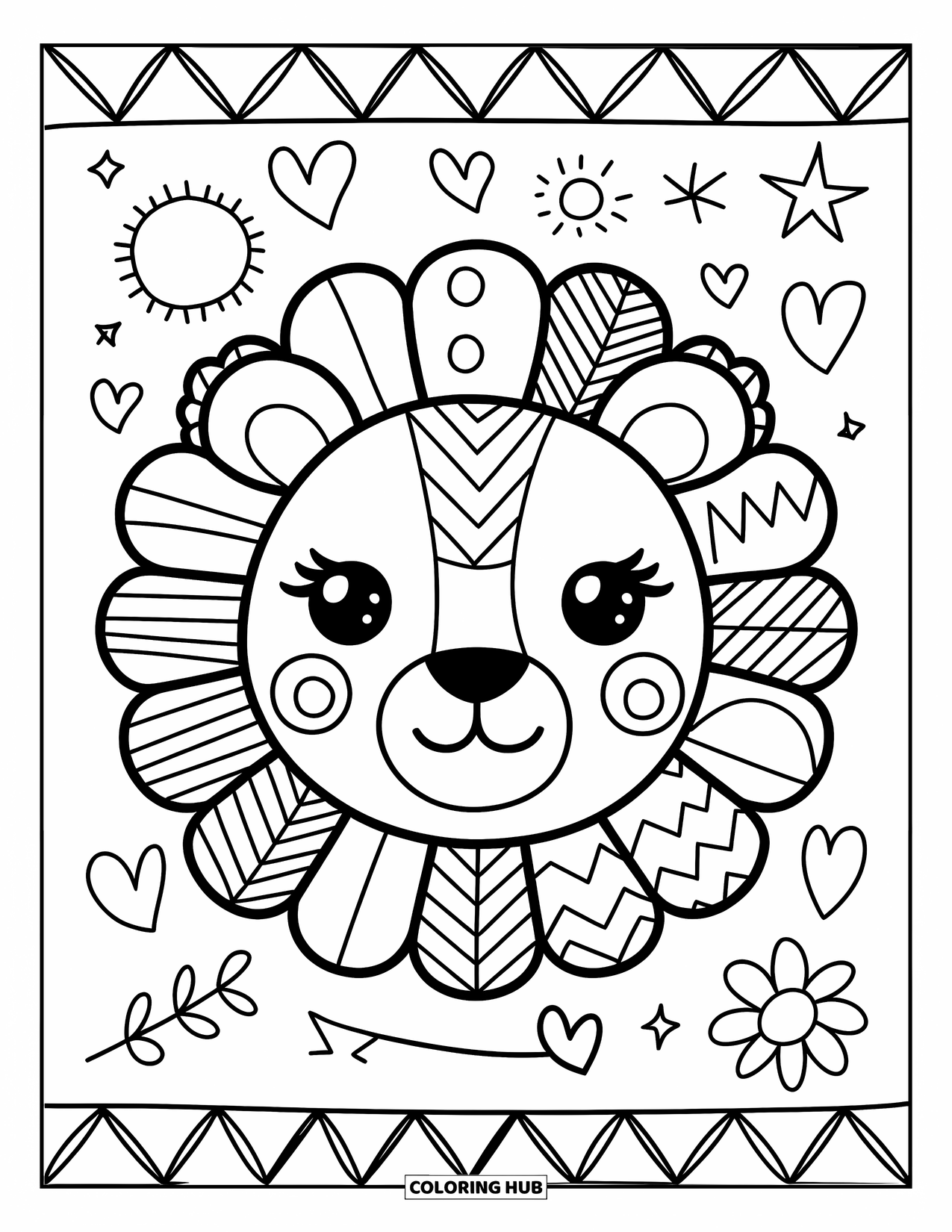 Lion Face Coloring Page for Adults: Kawaii lion face with patterned mane plus heart, star, and flower