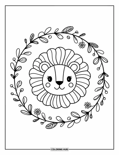 Kleurplaat van een leeuwengezicht voor volwassenen: Kawaii-leeuw met golvende manen en bloemenkrans