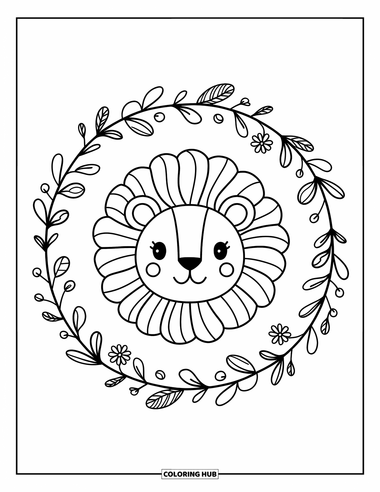 Lion Face Coloring Page for Adults: Kawaii lion with wavy mane and floral wreath