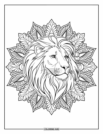 Kleurplaat van een leeuwengezicht voor volwassenen: Leeuwengezicht in botanische mandala van bladeren en bloemen