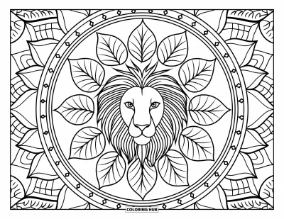 Kleurplaat van een leeuwengezicht voor volwassenen: Leeuwengezicht in mandala van bladeren en bloemblaadjes