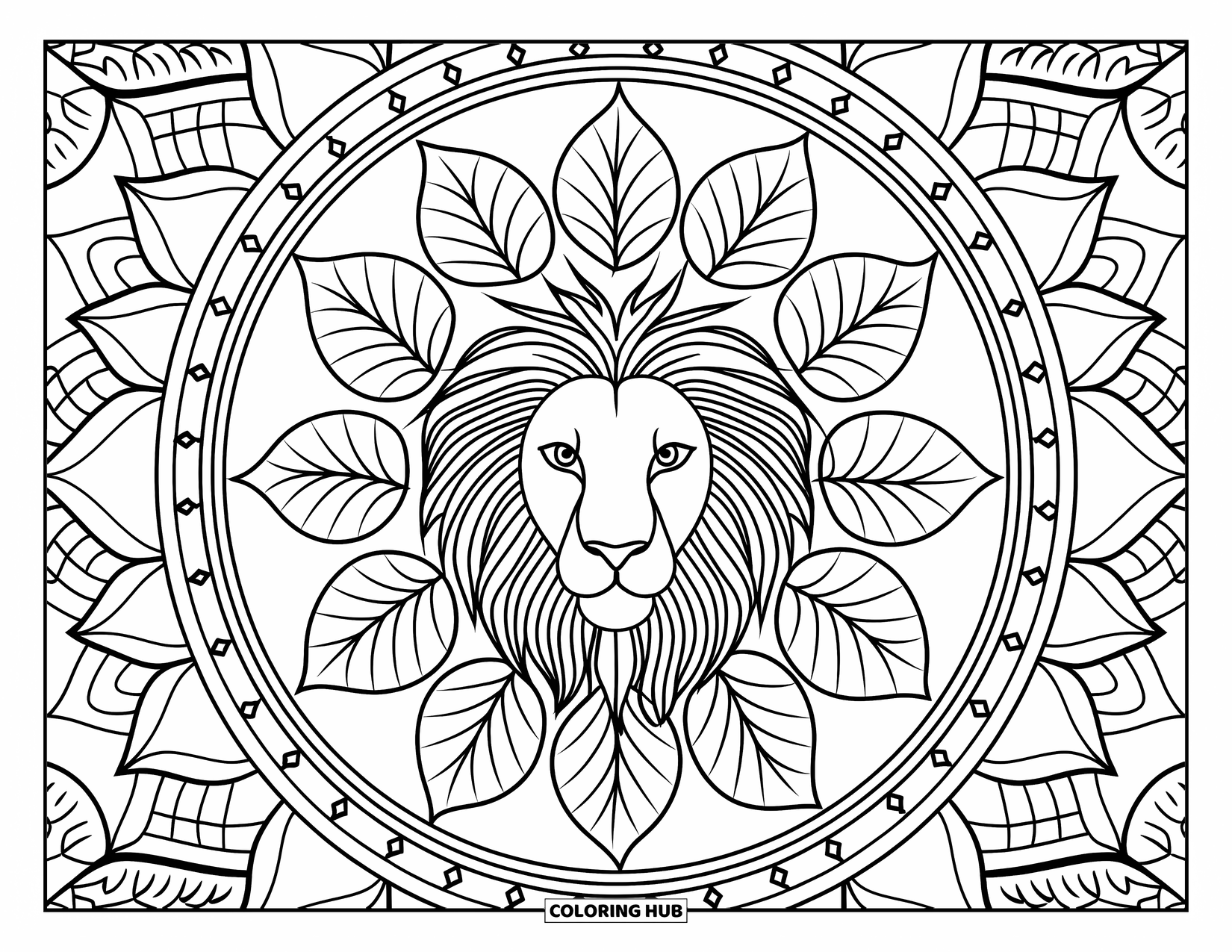 Lion Face Coloring Page for Adults: Lion face in mandala of leaves and petals