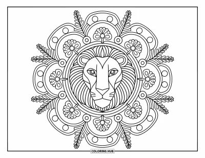 Kleurplaat van een leeuwengezicht voor volwassenen: Leeuwengezicht in mandala met cirkels, spiralen en bloemen