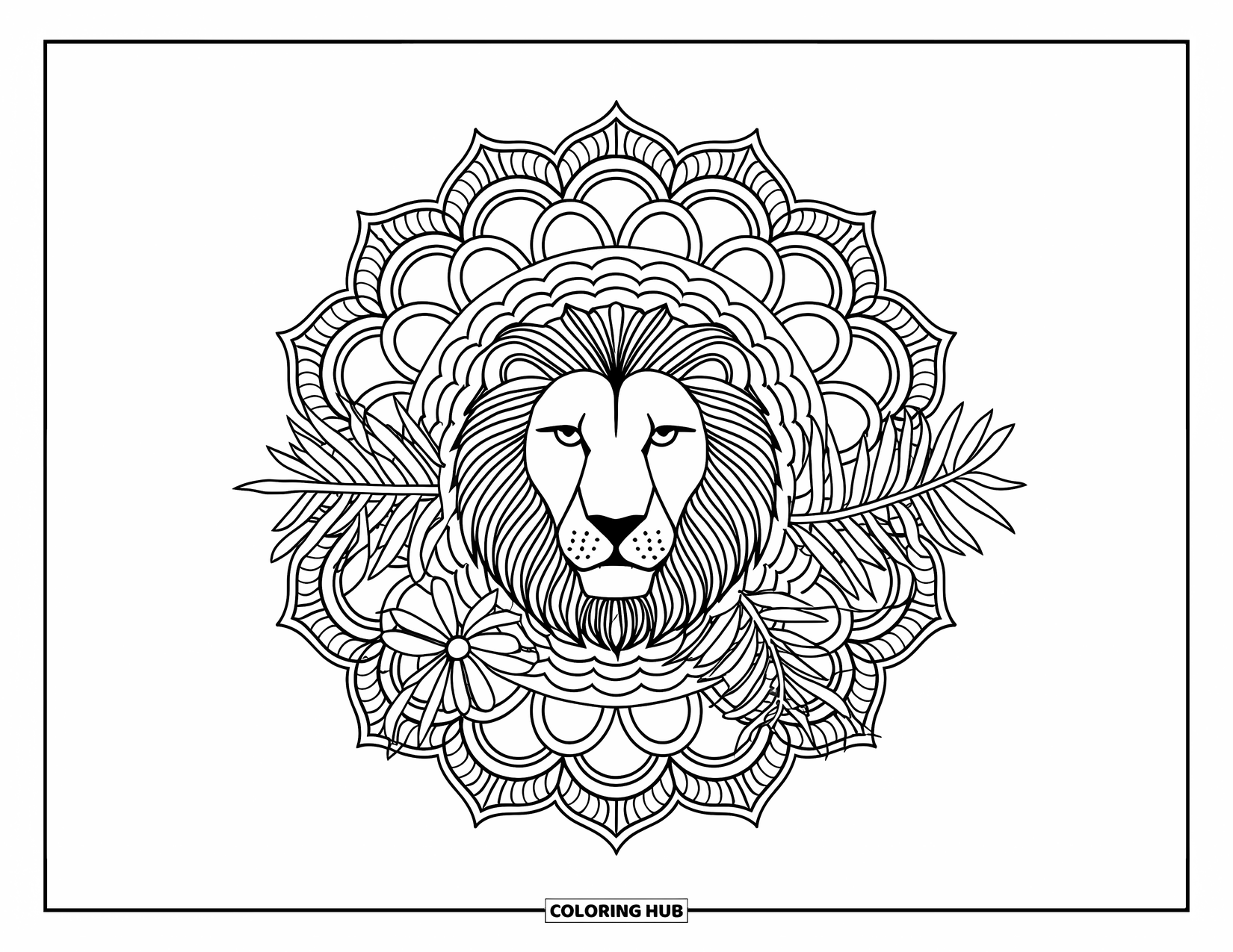 Lion Face Coloring Page for Adults: Lion face in mandala with fern and daisy details