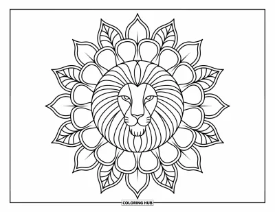 Kleurplaat van een leeuwengezicht voor volwassenen: Leeuwengezicht in mandala met lagen van bladeren en bloemblaadjes
