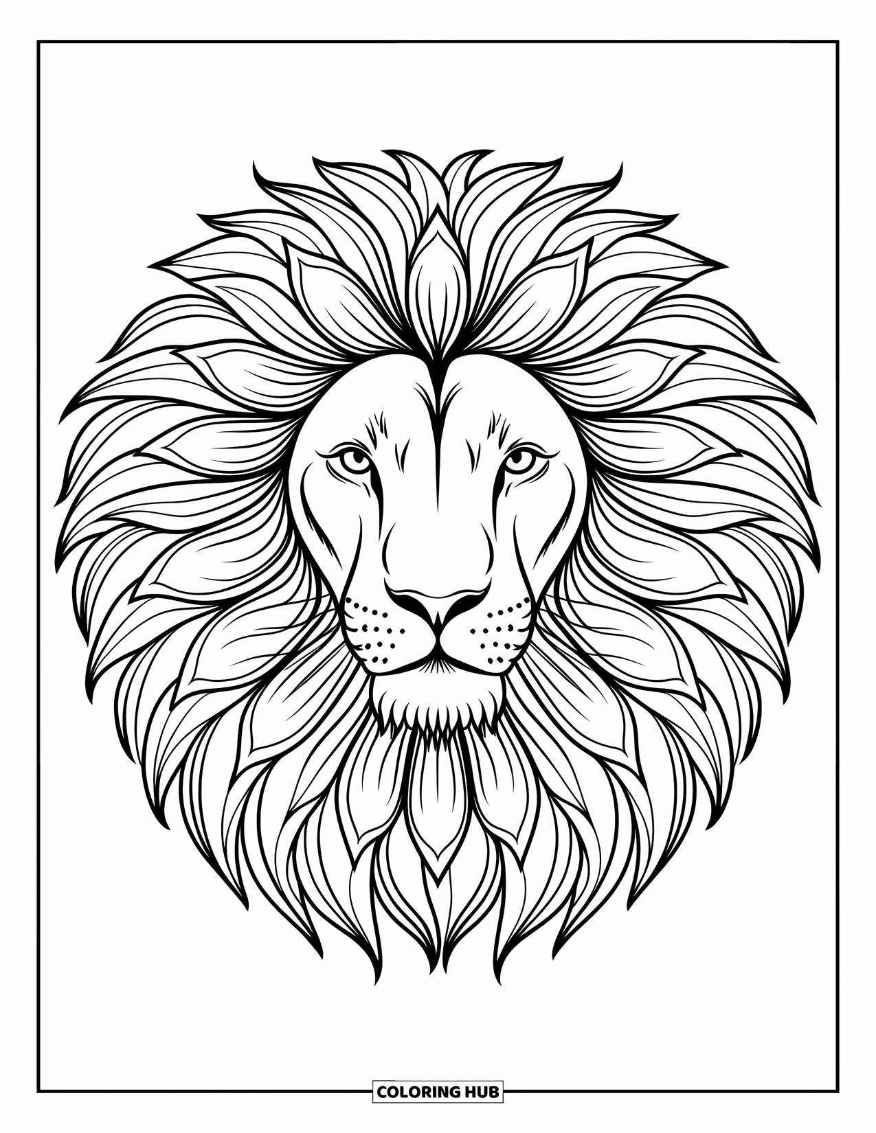 Lion Face Coloring Page for Adults: Lion face with mane of symmetrical flower petals