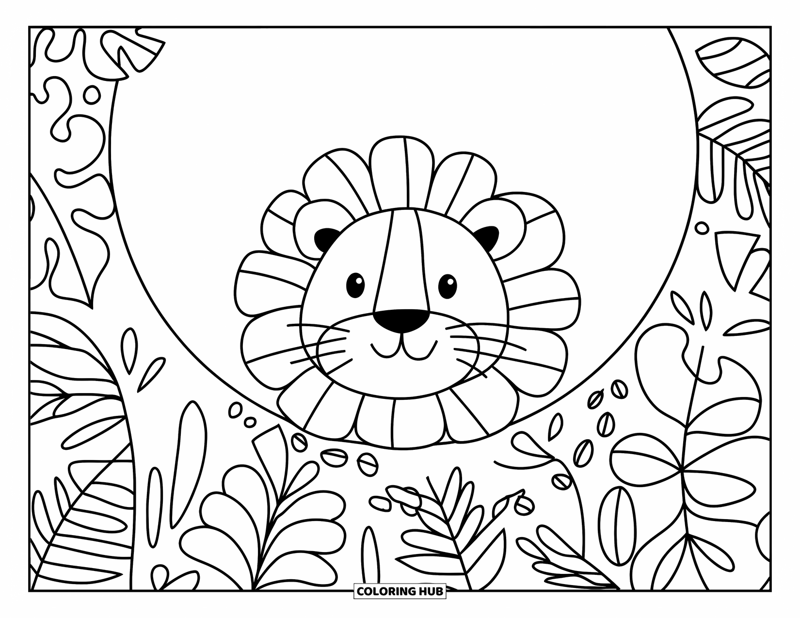 Lion Face Coloring Page for Adults: Lion peeking from semi-circle of tropical leaves and flowers