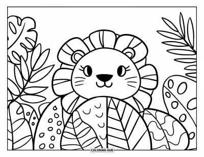 Kleurplaat van een leeuwengezicht voor volwassenen: Leeuw die gluurt tussen tropische planten in kawaii-stijl