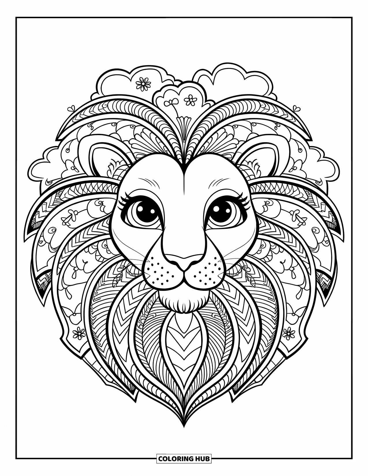 Lion Face Coloring Page for Adults: Lion with expressive eyes and mandala floral mane