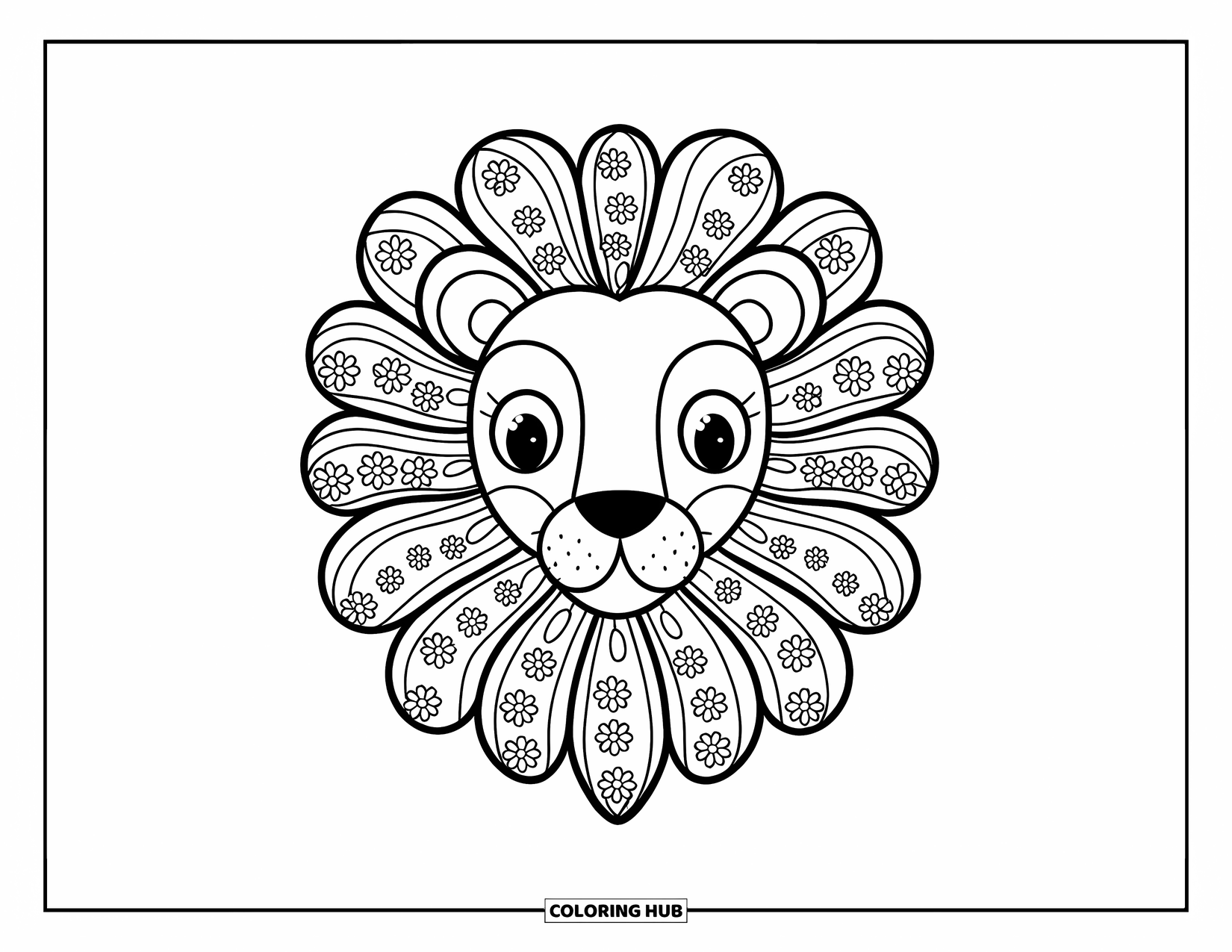 Lion Face Coloring Page for Adults: Lion with wave-layered floral mane in kawaii hygge style
