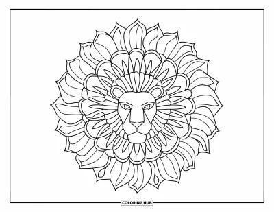 Kleurplaat van een leeuwengezicht voor volwassenen: Mandala met leeuwengezicht en lagen van bladeren en bloemblaadjes