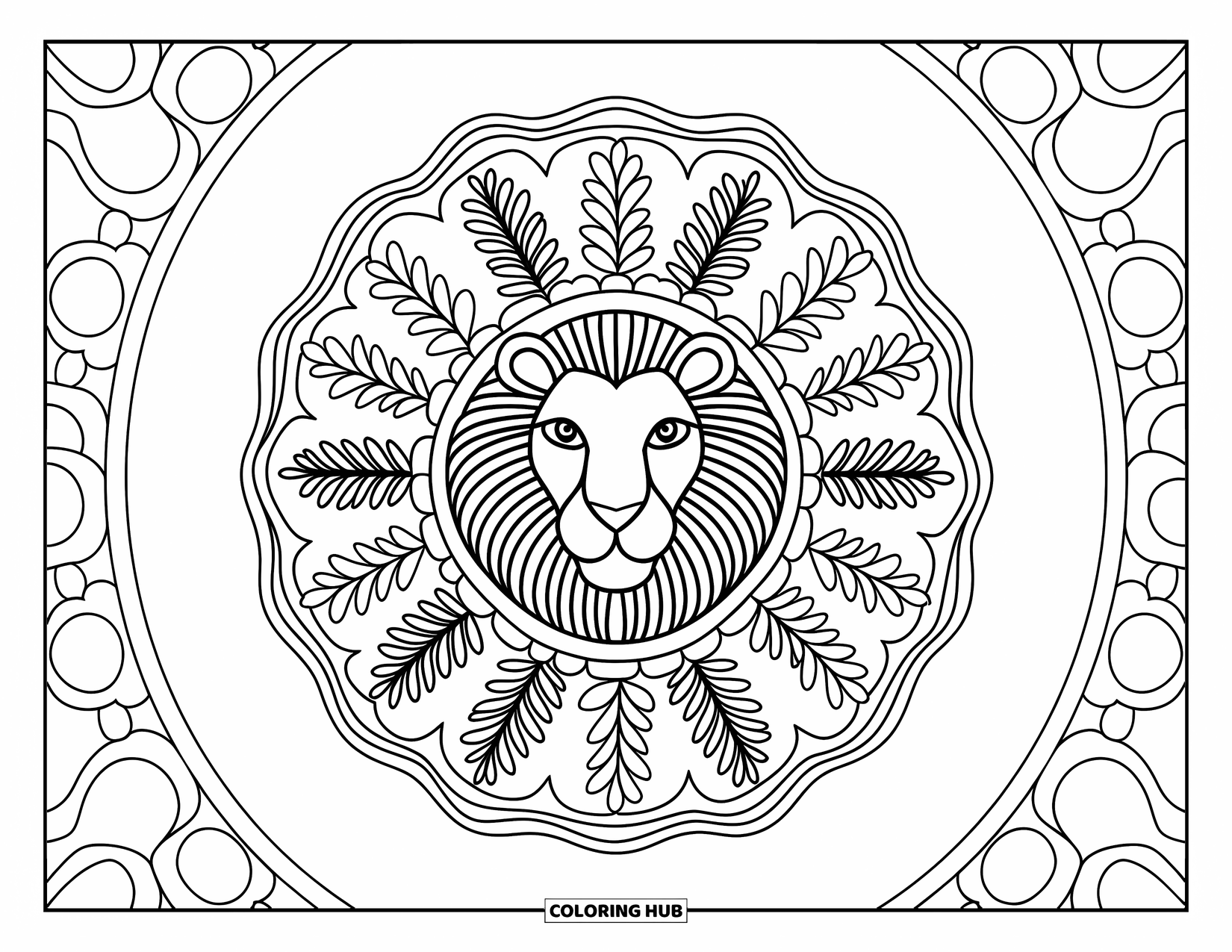 Lion Face Coloring Page for Adults: Mandala with lion face, fern, and daisy details
