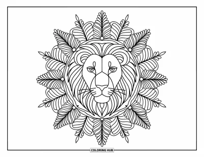 Kleurplaat van een leeuwengezicht voor volwassenen: Mandala met leeuwengezicht, varenblad en madelieven