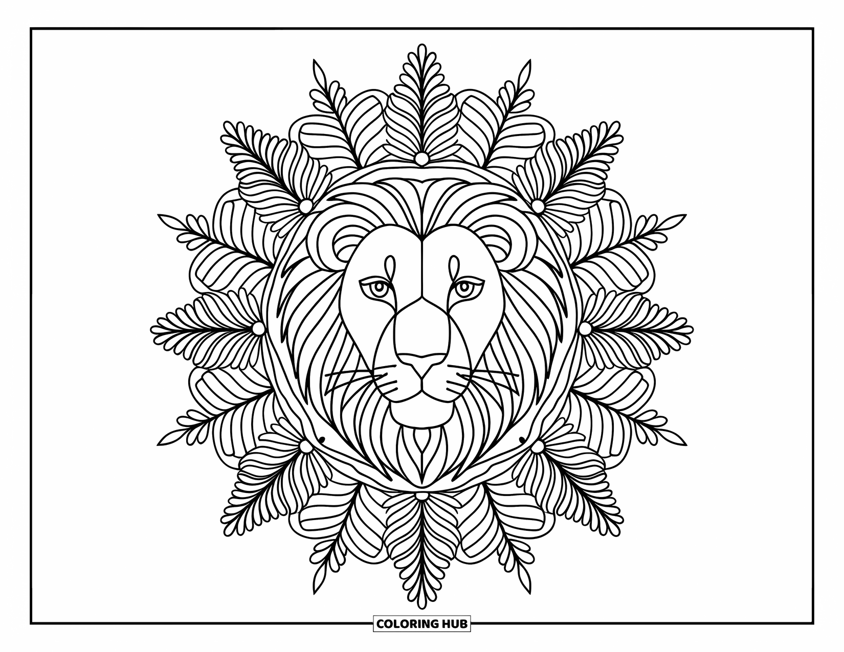 Lion Face Coloring Page for Adults: Mandala with lion face, fern leaves, and daisies
