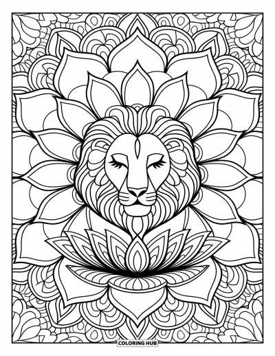 Kleurplaat van een leeuwengezicht voor volwassenen: Mandala met leeuwengezicht op lotusbloem