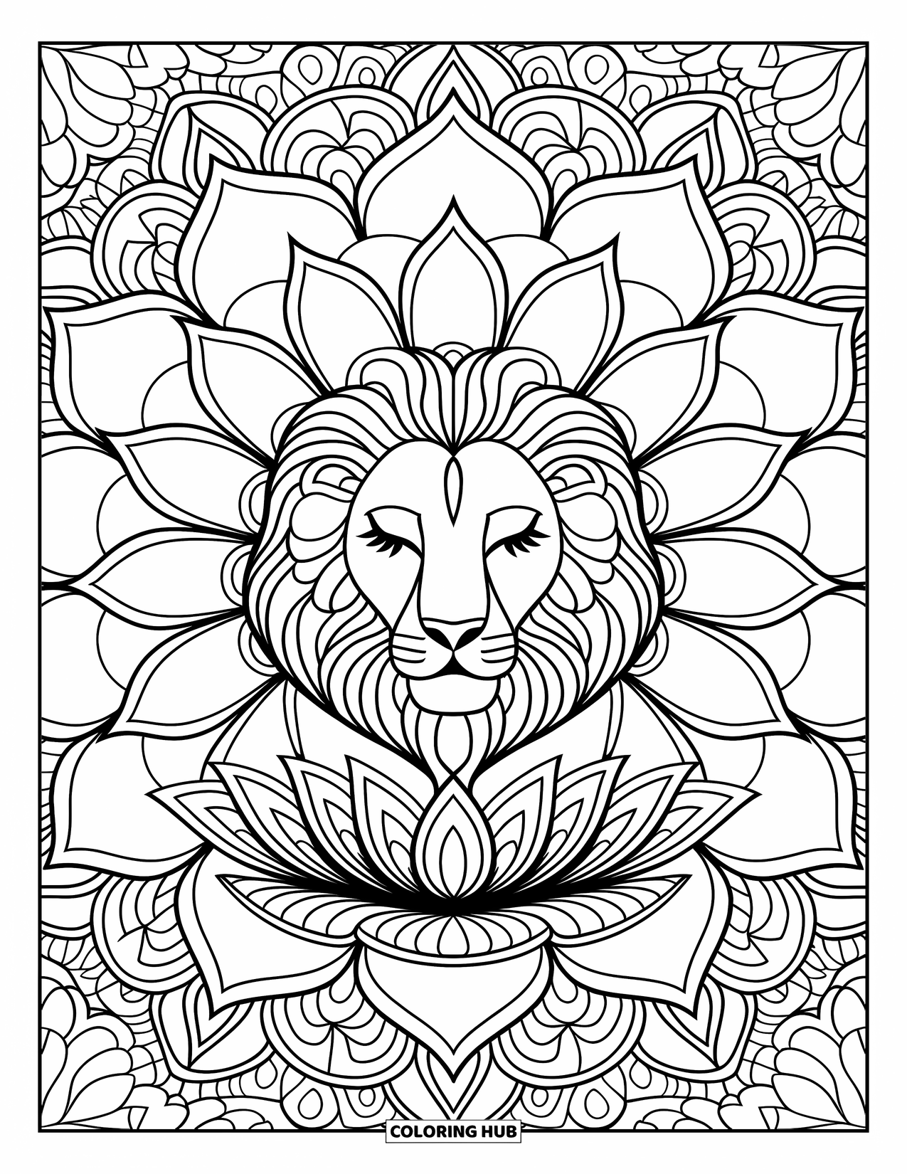 Lion Face Coloring Page for Adults: Mandala with lion face sitting on lotus flower