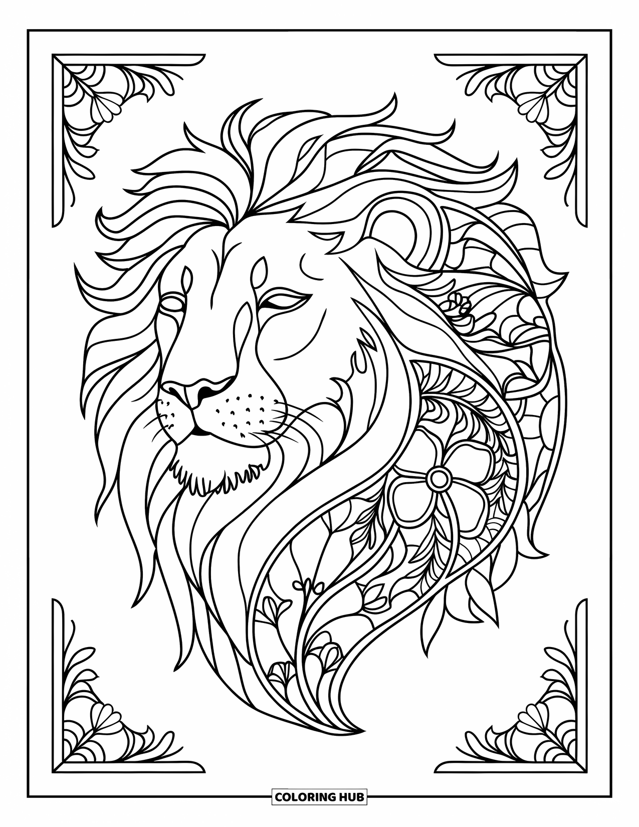 Lion Face Coloring Page for Adults: Serene lion face in stained glass floral border