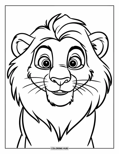 Kleurplaat van een leeuwengezicht voor kinderen: Cartoon leeuwengezicht met ronde manen en grote open ogen