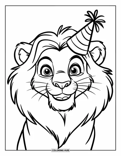 Kleurplaat van een leeuwengezicht voor kinderen: Cartoon leeuw met ronde manen, grote ogen en feestmuts