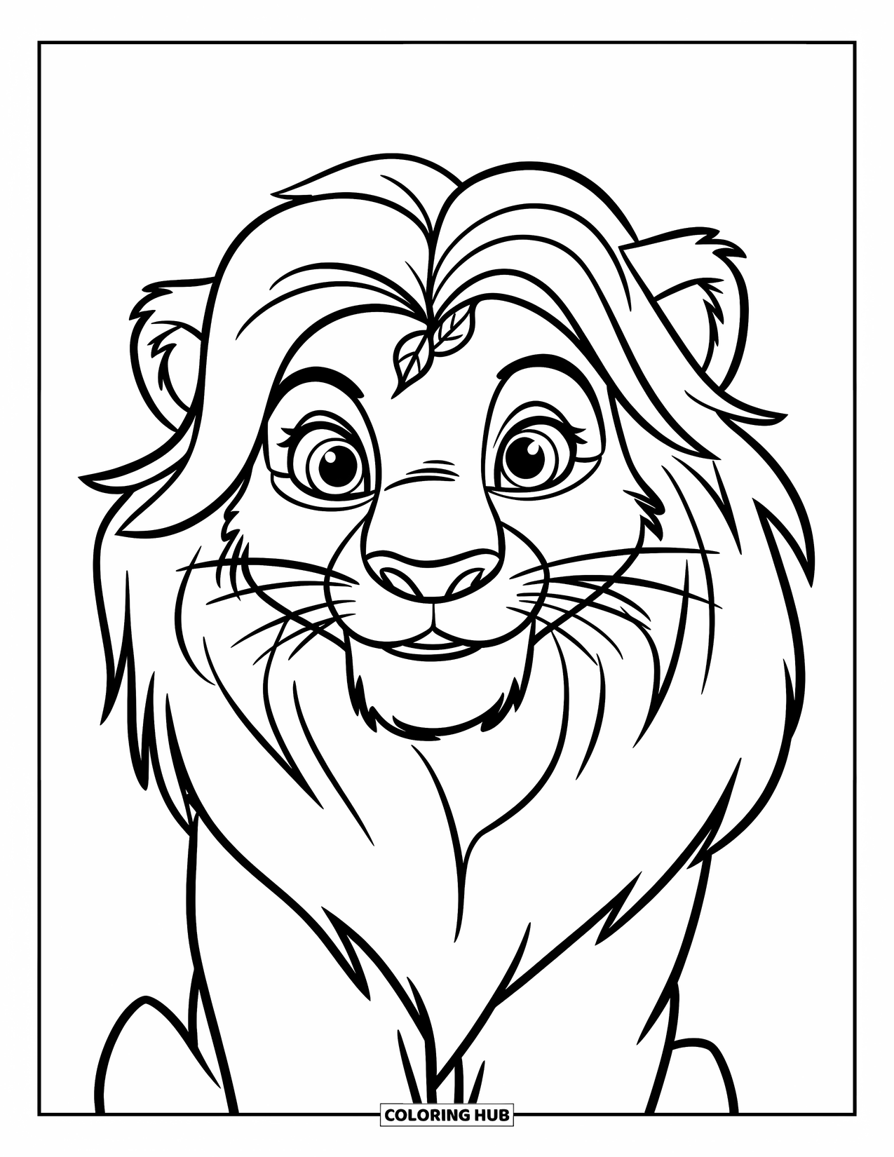 Lion Face Coloring Page for Kids: Friendly lion with wavy mane and leaf accent