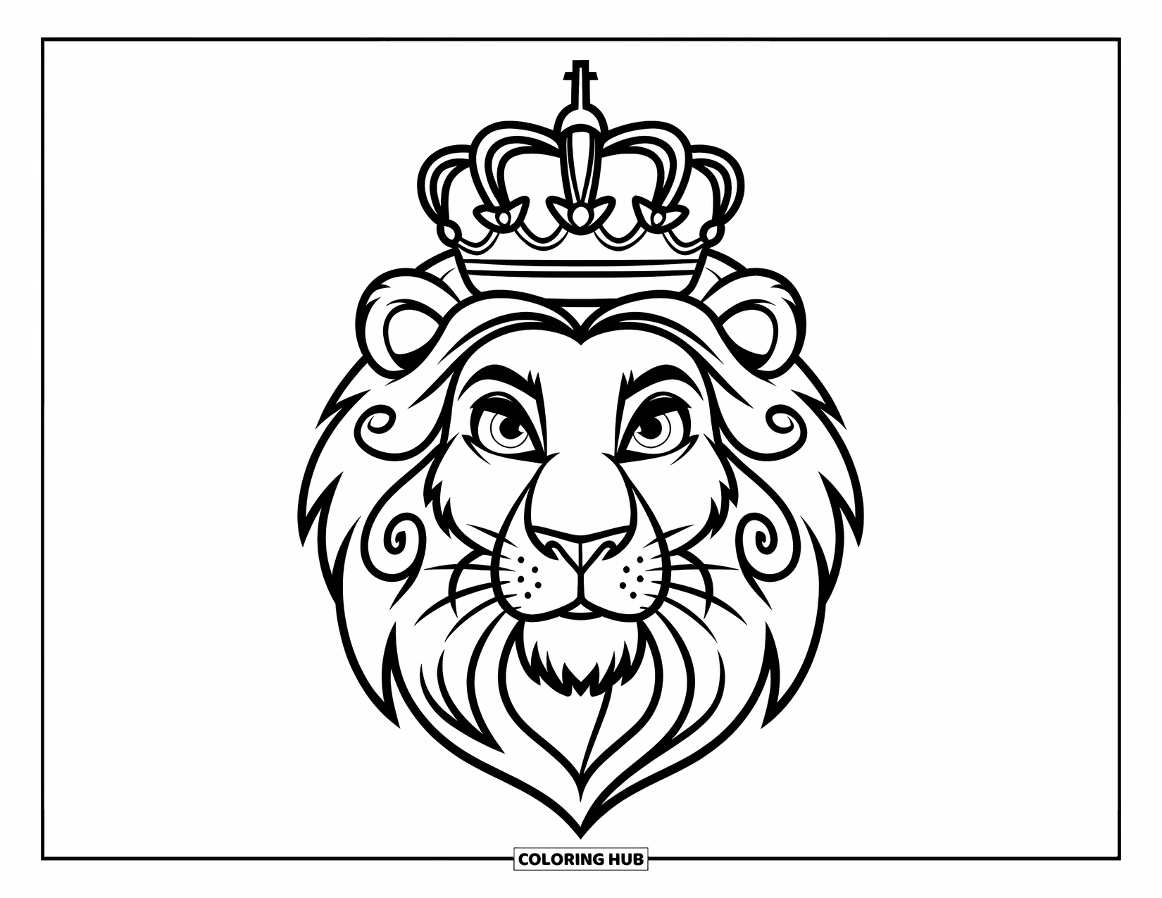 Lion Face Coloring Page for Kids: Lion face with crown and swirled mane