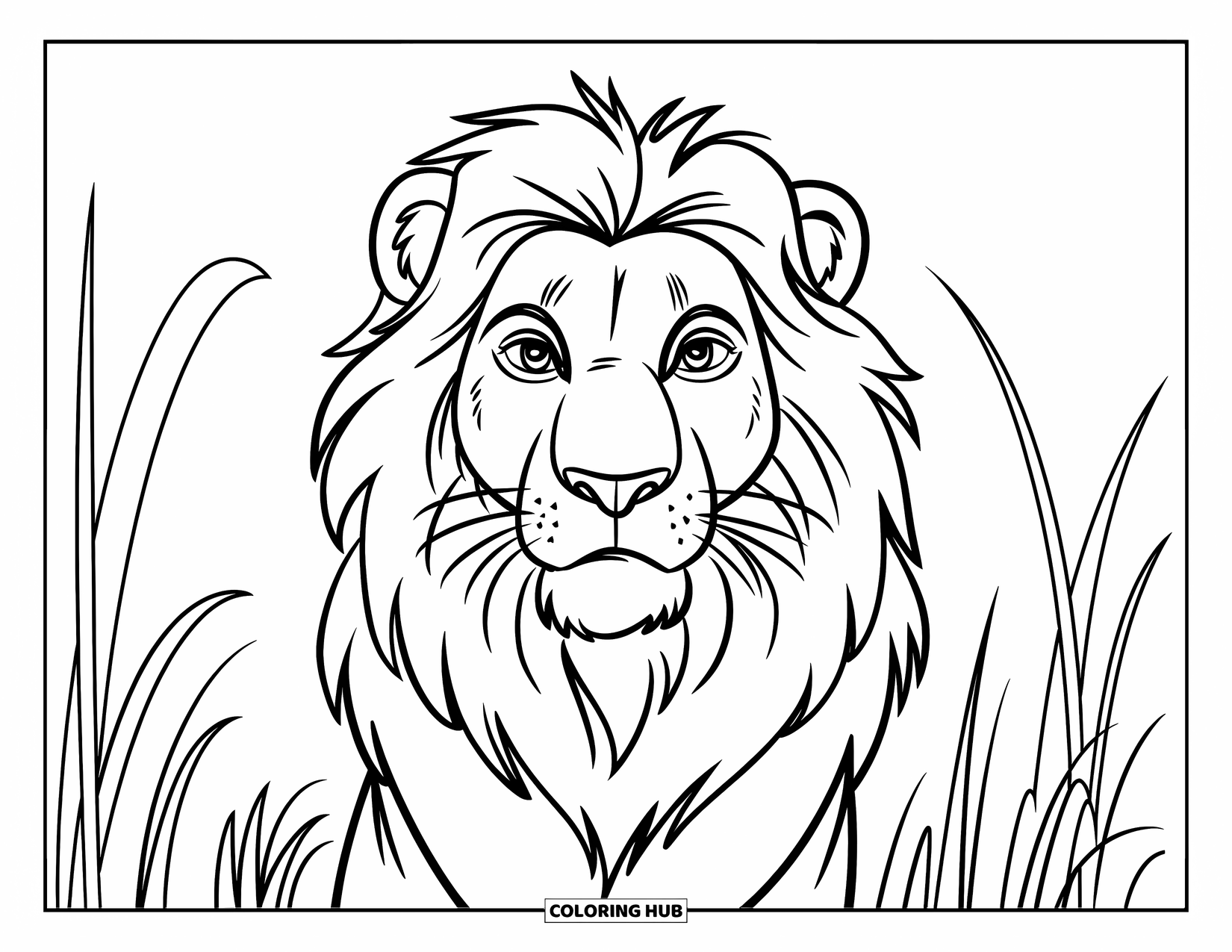 Lion Face Coloring Page for Kids: Lion face with full mane and short grass