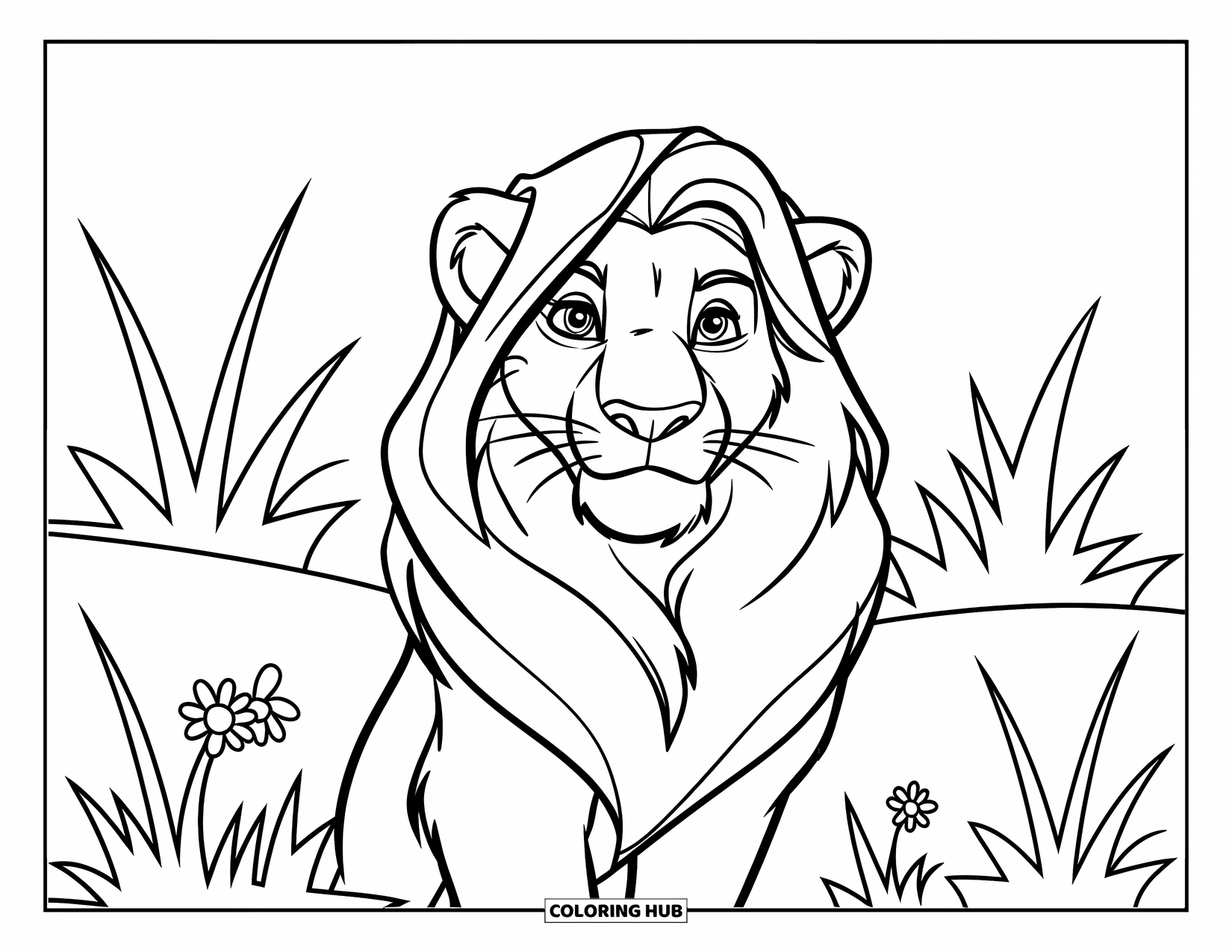 Lion Face Coloring Page for Kids: Lion face with headscarf and grass with flowers