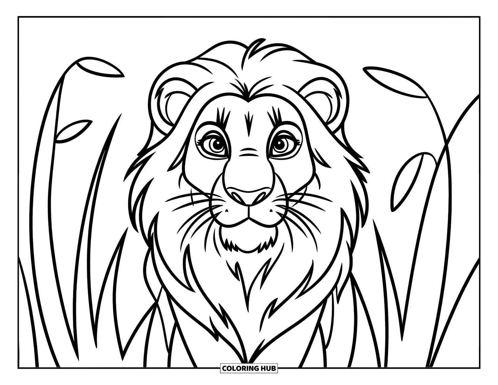 Lion Face Coloring Page for Kids: Lion face with mane and simple grass outlines