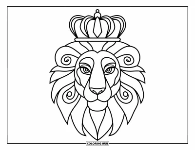 Kleurplaat van een leeuwengezicht voor kinderen: Leeuwenkop met kroon en gedraaid manenpatroon