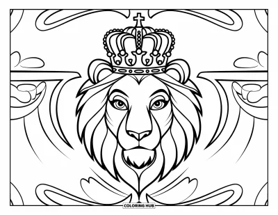 Kleurplaat van een leeuwengezicht voor kinderen: Leeuwenkop met kroon omgeven door krullen