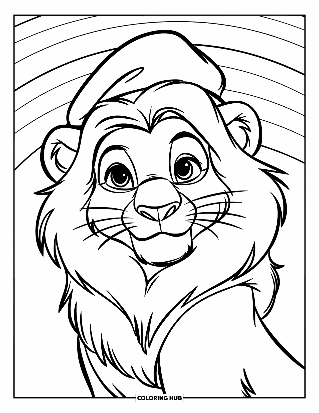 Lion Face Coloring Page for Kids: Lion with puffy mane and small nose wearing a hat