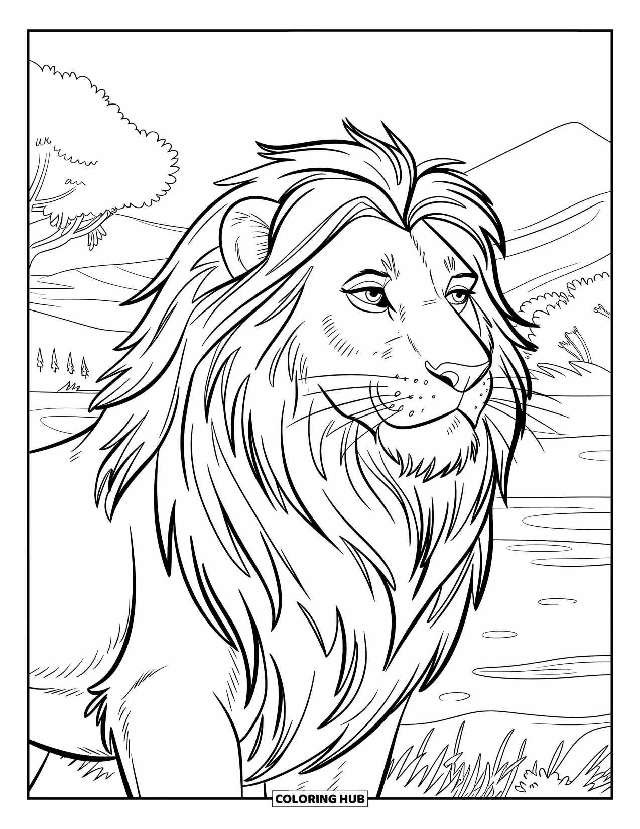 Lion Face Coloring Page for Kids: Majestic lion with calm face and scenic background