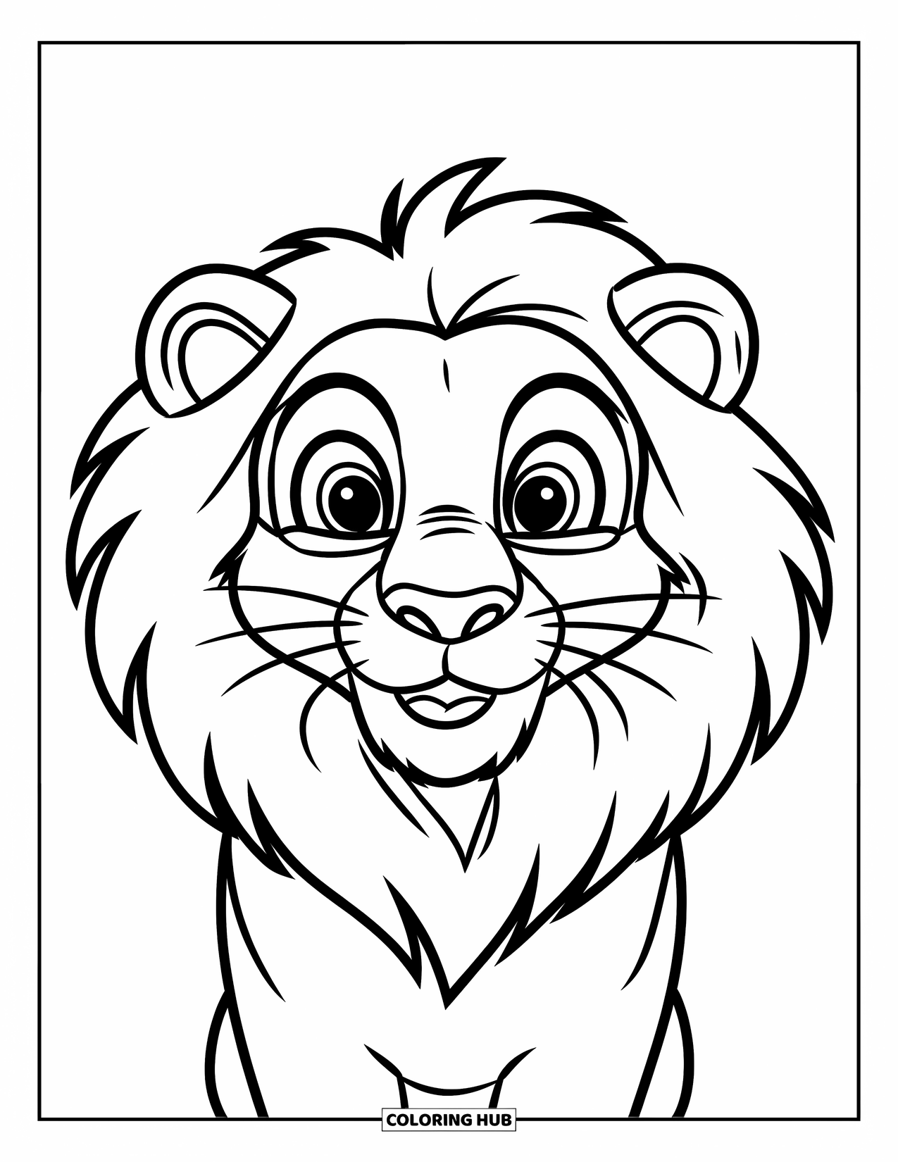 Lion Face Coloring Page for Kids: Simple cartoon lion face with rounded mane and big eyes