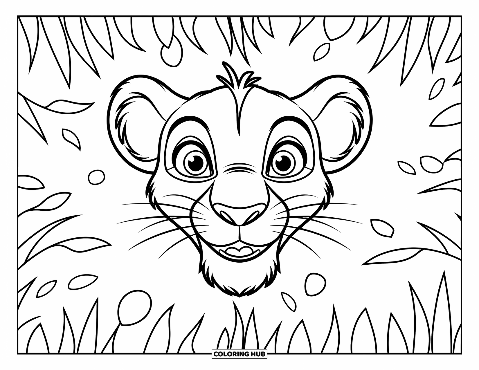 Lion Face Coloring Page for Kids: Smiling lion face with simple savanna grass