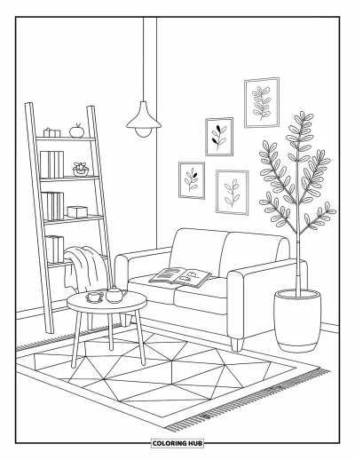 Wohnzimmer-Ausmalbild für Erwachsene: Luftiger Wohnraum mit Sofa, Teeservice, Bücherregal und geometrischem Teppich