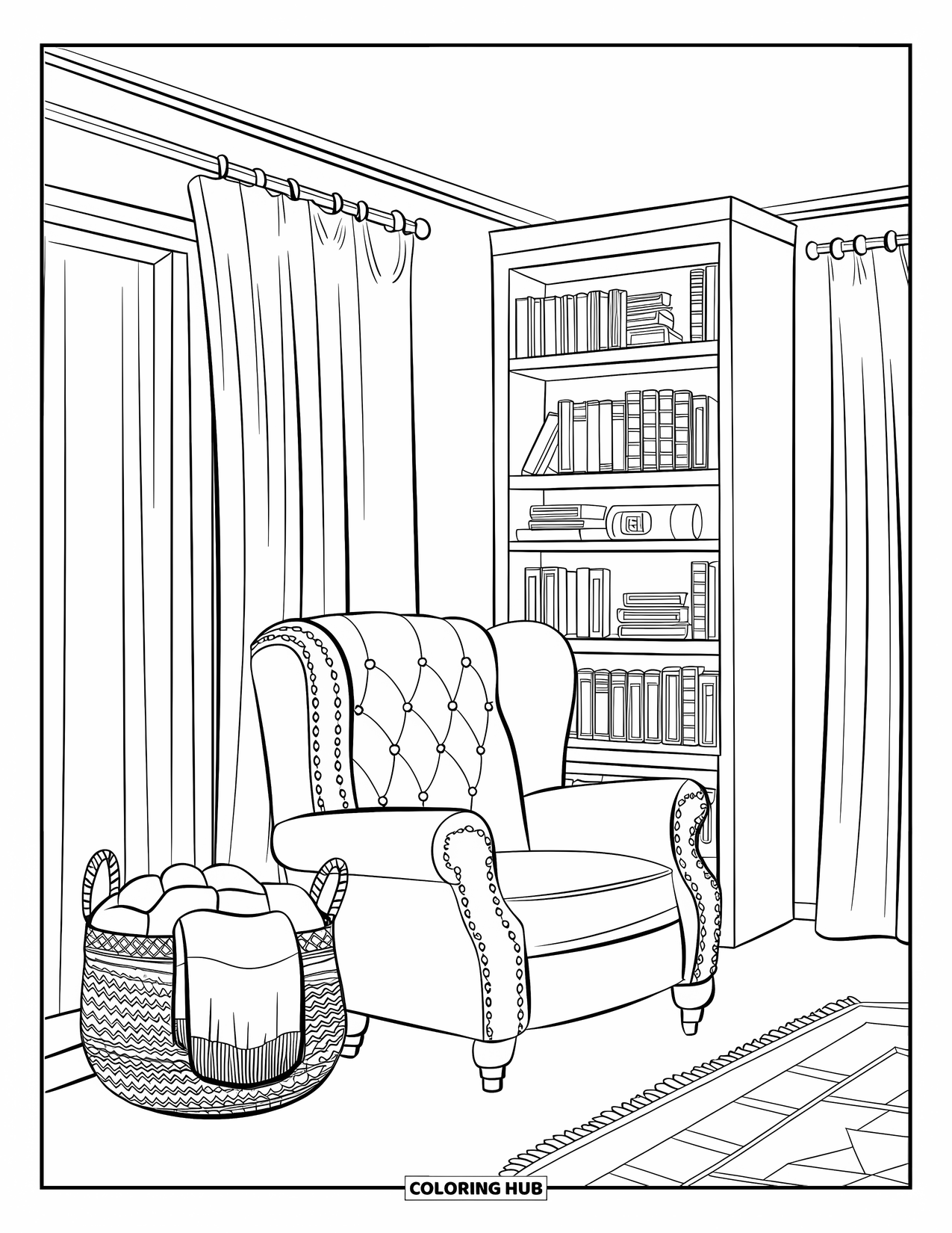 Living Room Coloring Page for Adults: Armchair by tall bookshelf with basket of blankets and long curtains
