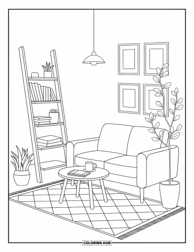 Wohnzimmer-Ausmalbild für Erwachsene: Helles Zimmer mit Sofa, Teeservice, Pflanze und Pendelleuchte