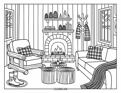 Wohnzimmer-Ausmalbild für Erwachsene: Hütte mit Steinkamin, Karokissen und Regalen mit Tannenzapfen und Büchern