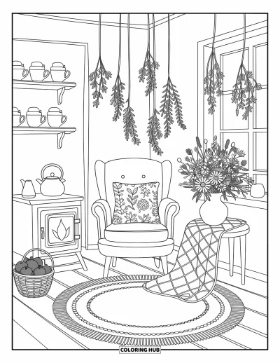 Wohnzimmer-Ausmalbild für Erwachsene: Charmantes Cottage mit gestepptem Stuhl, Ofen und Wildblumenvase