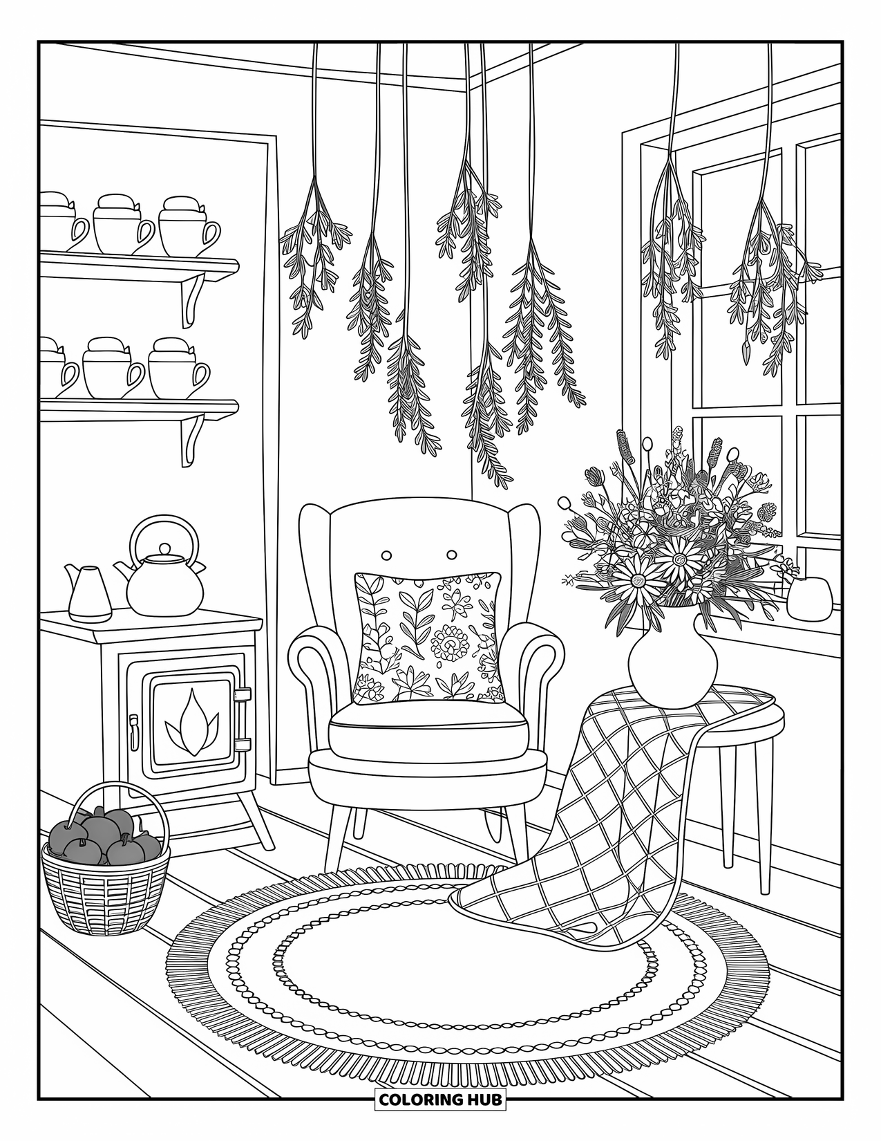 Living Room Coloring Page for Adults: Charming cottage with quilted chair, stove, and vase of wildflowers