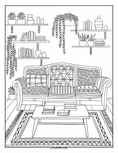 Wohnzimmer-Ausmalbild für Erwachsene: Charmantes Zimmer mit gemustertem Sofa, geschichteten Teppichen und dekorierten Regalen