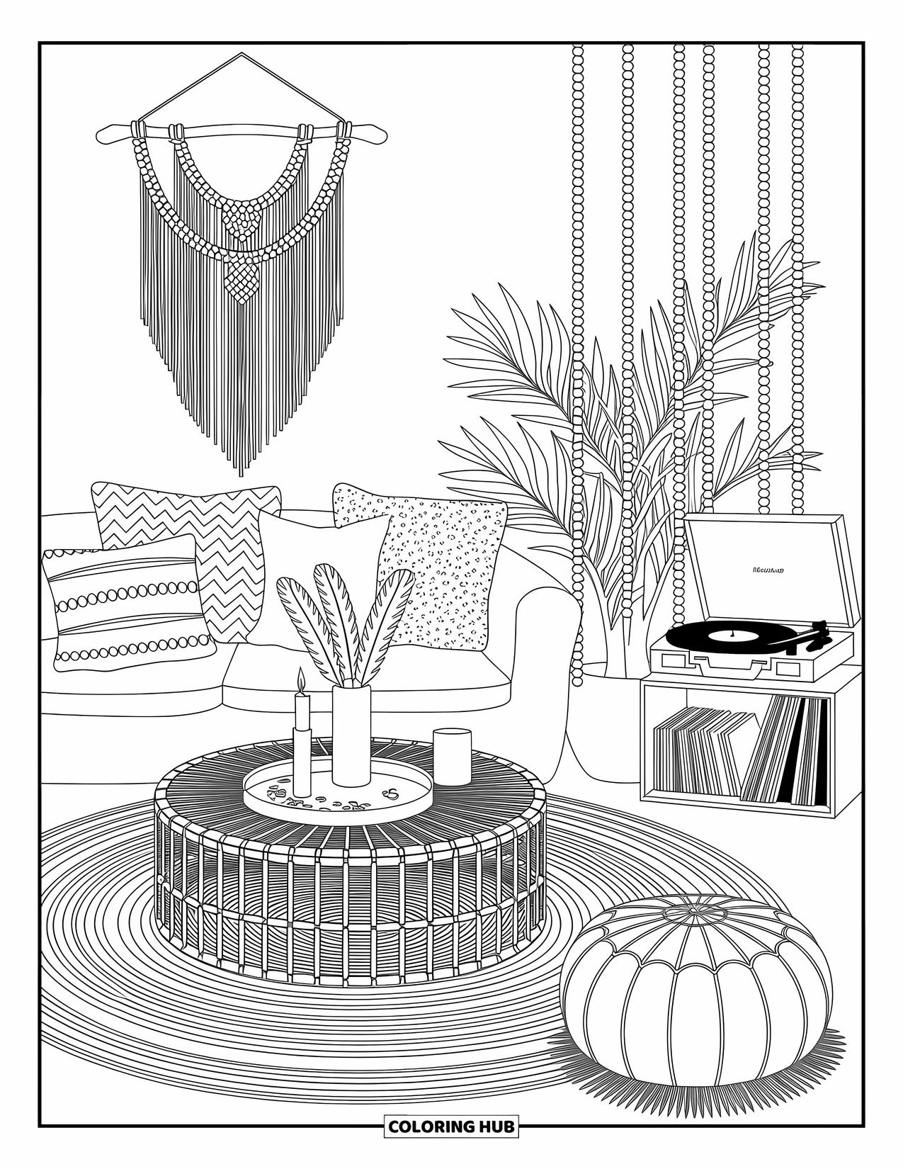 Living Room Coloring Page for Adults: Comfortable room with sofa, plants, record player, and beaded curtain