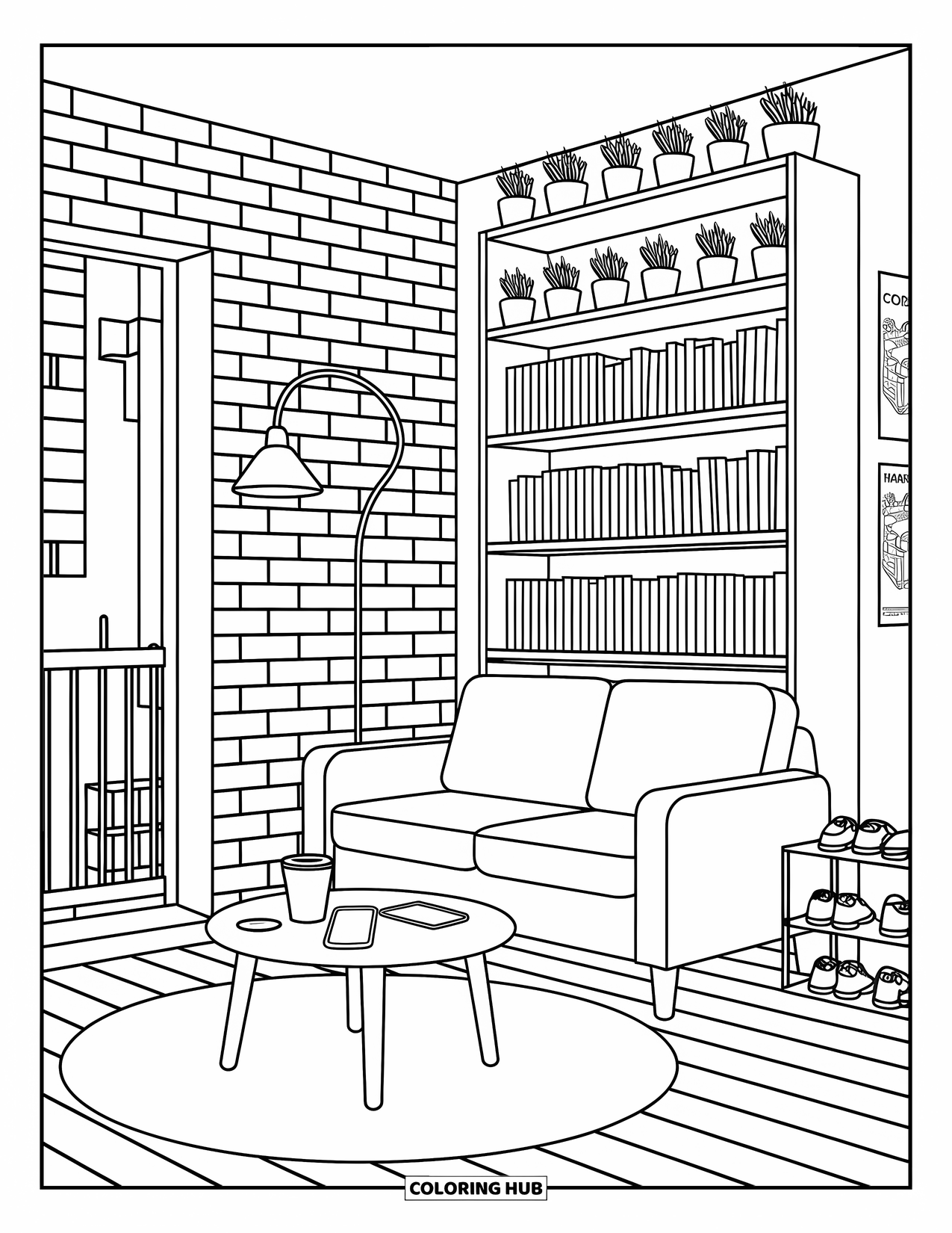 Living Room Coloring Page for Adults: Compact cozy space with sofa, maps, balcony, and warm lamp glow