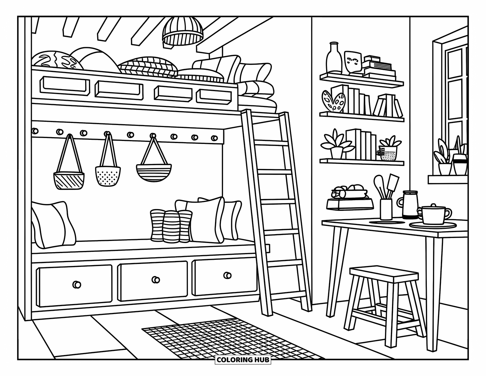 Living Room Coloring Page for Adults: Compact loft space with bench, ladder, baskets, and cozy shelf decor